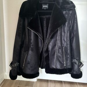 Express Black Leather Jacket with Faux Fur Trim